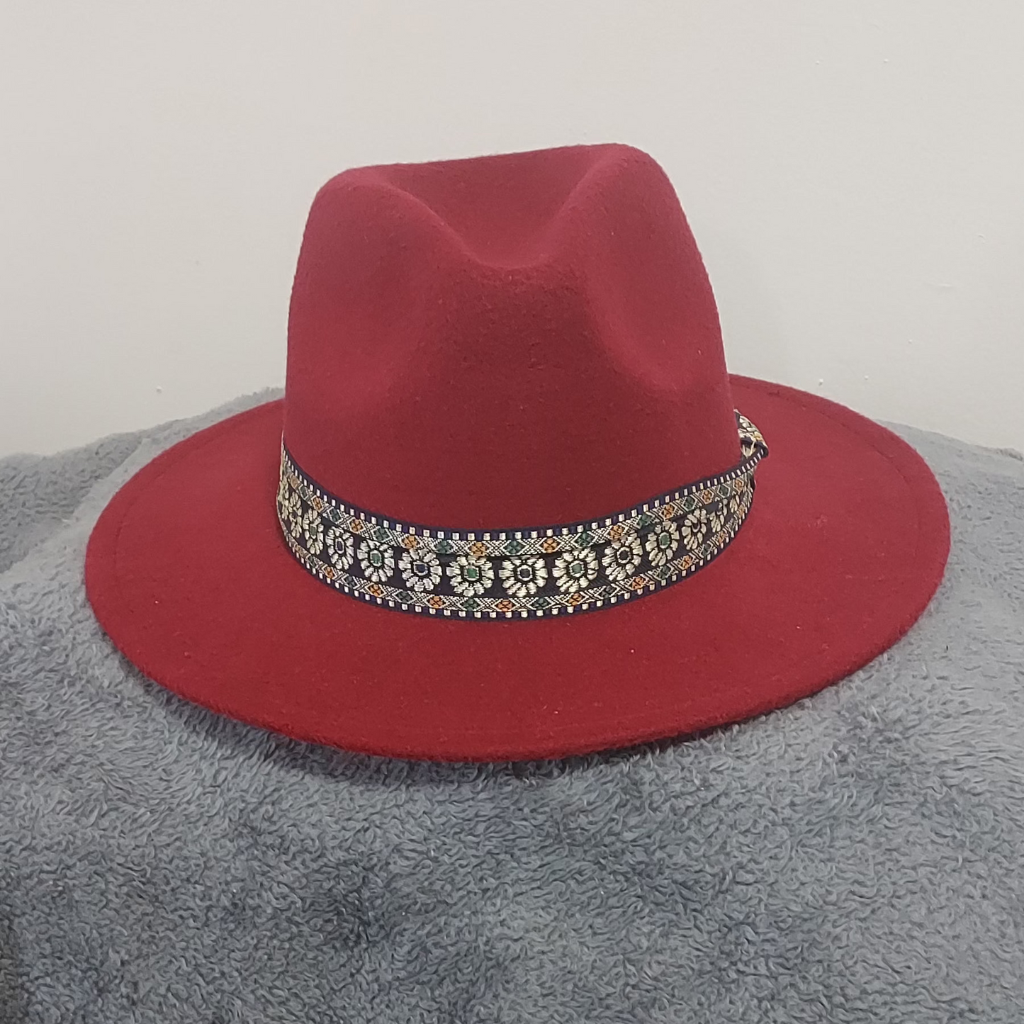 Bohemian Style Burgundy Fedora w/Ribbon