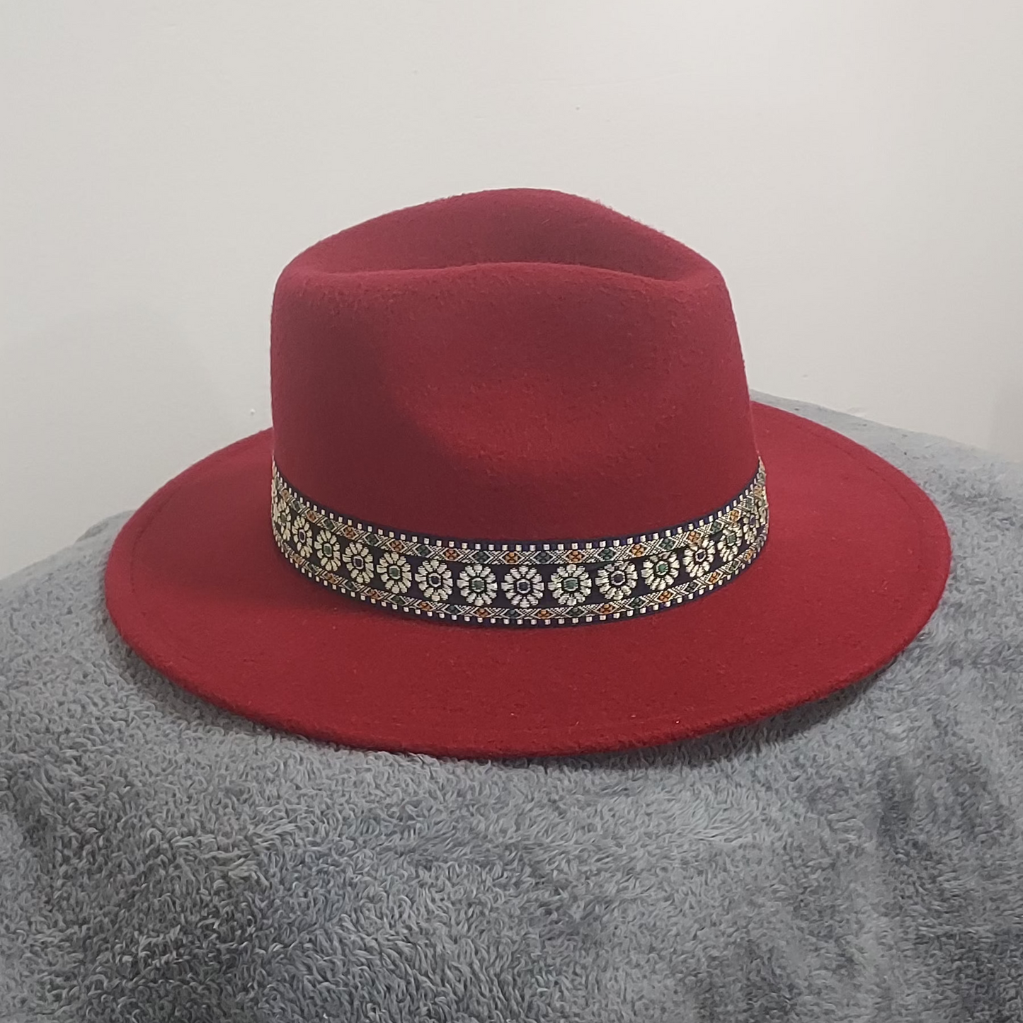 Bohemian Style Burgundy Fedora w/Ribbon