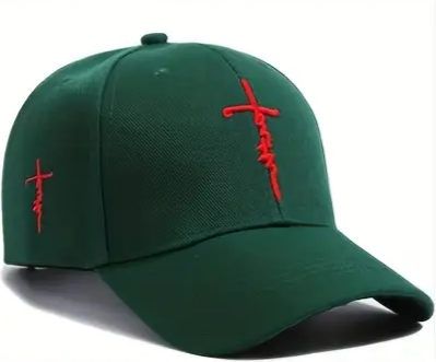Green cap with red cross designs on a white background
