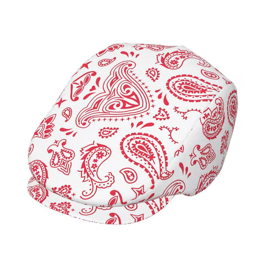 Red and White Paisley Newsboy Cap
