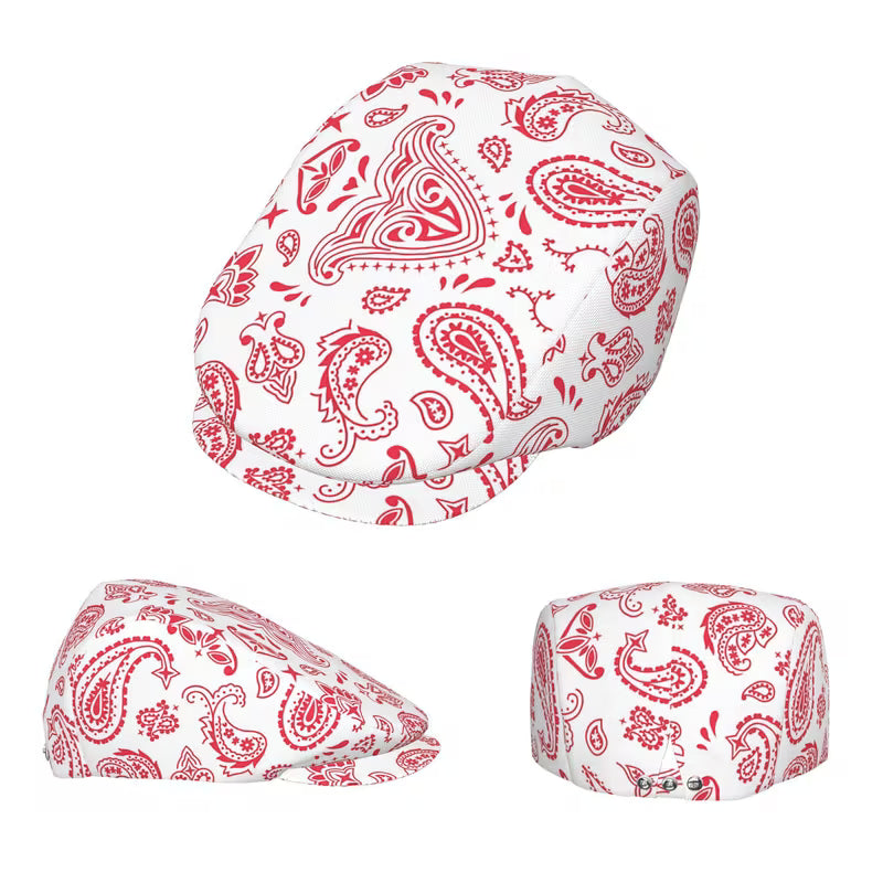 Red and White Paisley Newsboy Cap
