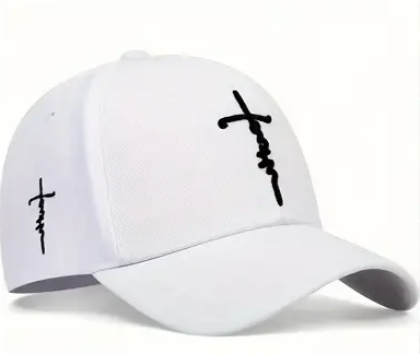 White baseball cap with black cross designs on a white background